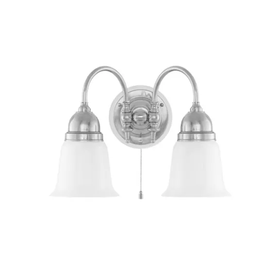 Stackelberg Vägglampa m. dragbrytare, förnicklad mässing/benvit