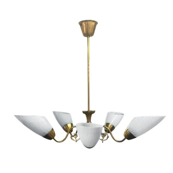 Taklampa Aurora 5-arm, mässing/vit
