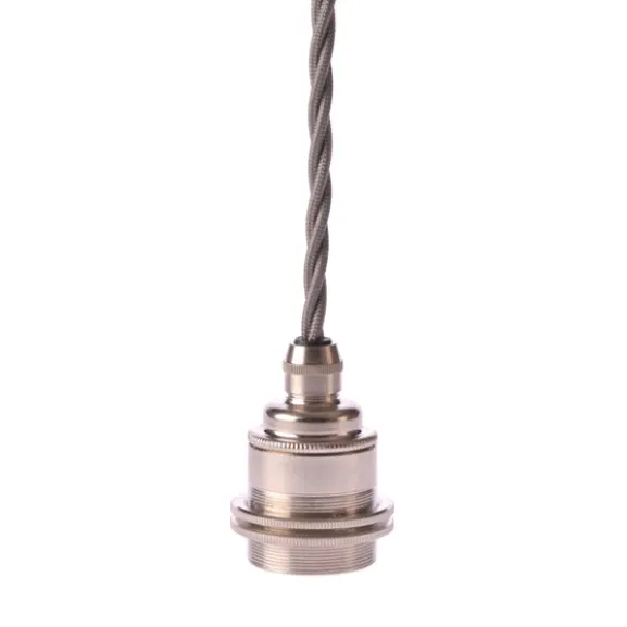 Upphäng E27 gäng. 2 ringar nickel 2,5m grå tvinnad kabel