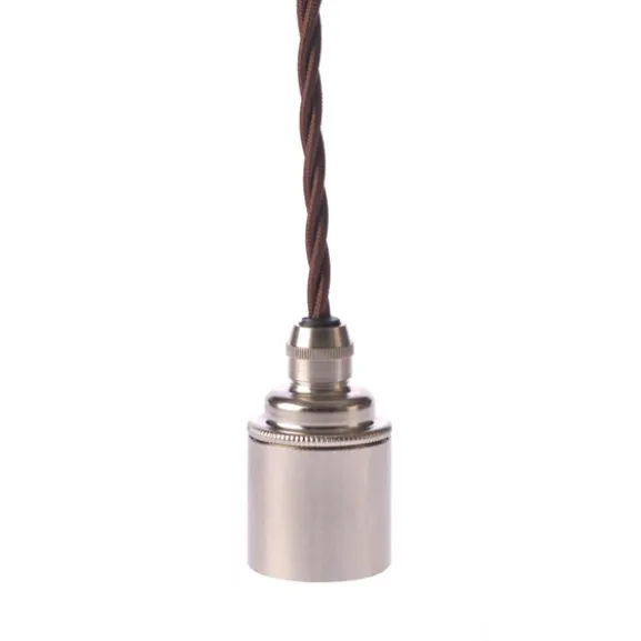 Upphäng E27 slät lamph. nickel 2,5m brun tvinnad kabel